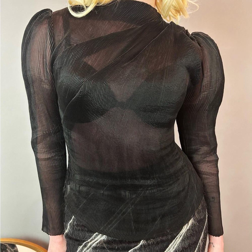 Handmade Avant-Garde Black Pleated Gathered Bouffant Shoulder Sheer Top